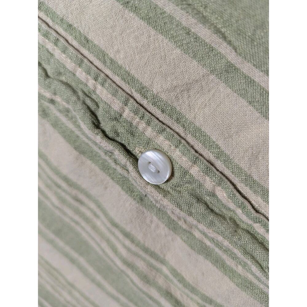 American Eagle Sz L Green Striped Boyfriend Button Shirt Top Boxy Linen Roll Tab - Picture 4 of 7